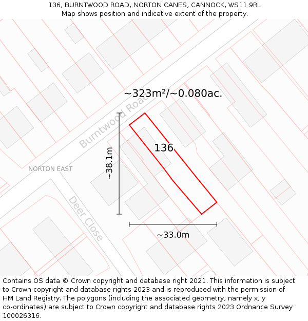 136, BURNTWOOD ROAD, NORTON CANES, CANNOCK, WS11 9RL: Plot and title map