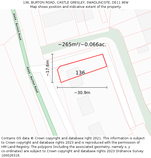 136, BURTON ROAD, CASTLE GRESLEY, SWADLINCOTE, DE11 9EW: Plot and title map