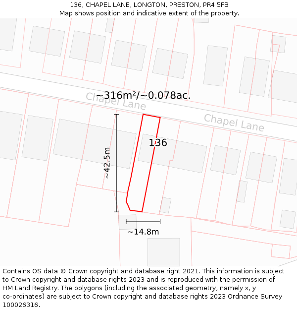 136, CHAPEL LANE, LONGTON, PRESTON, PR4 5FB: Plot and title map