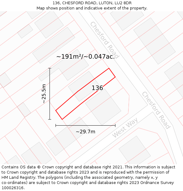136, CHESFORD ROAD, LUTON, LU2 8DR: Plot and title map