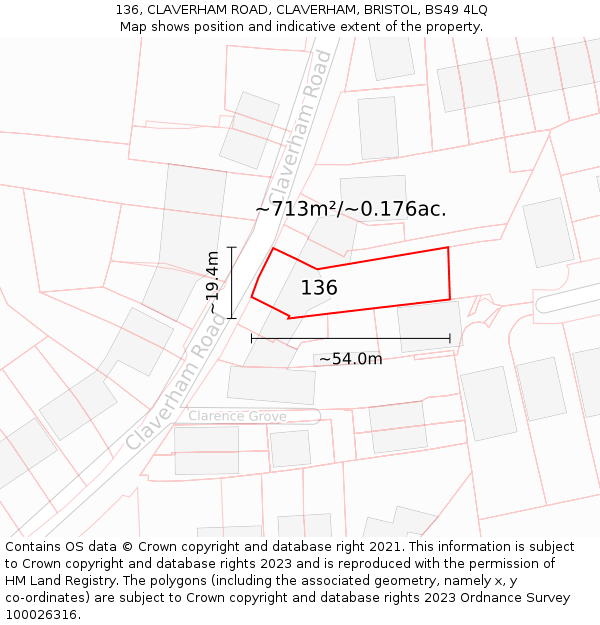 136, CLAVERHAM ROAD, CLAVERHAM, BRISTOL, BS49 4LQ: Plot and title map