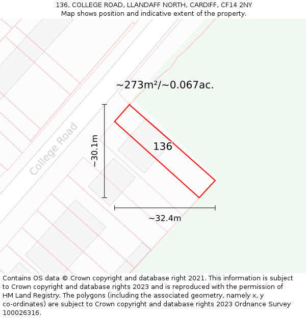 136, COLLEGE ROAD, LLANDAFF NORTH, CARDIFF, CF14 2NY: Plot and title map
