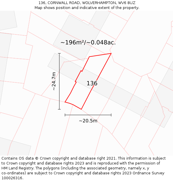 136, CORNWALL ROAD, WOLVERHAMPTON, WV6 8UZ: Plot and title map