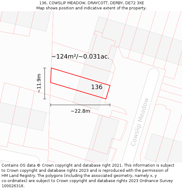 136, COWSLIP MEADOW, DRAYCOTT, DERBY, DE72 3XE: Plot and title map