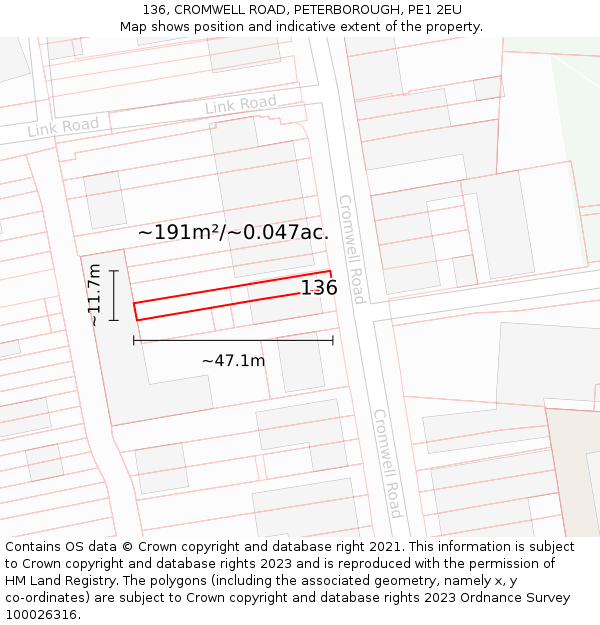 136, CROMWELL ROAD, PETERBOROUGH, PE1 2EU: Plot and title map