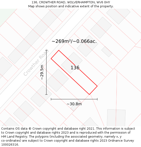 136, CROWTHER ROAD, WOLVERHAMPTON, WV6 0HY: Plot and title map