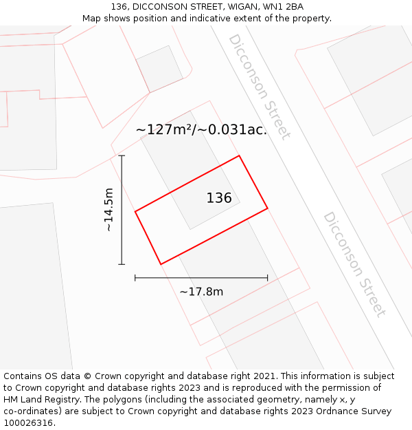 136, DICCONSON STREET, WIGAN, WN1 2BA: Plot and title map
