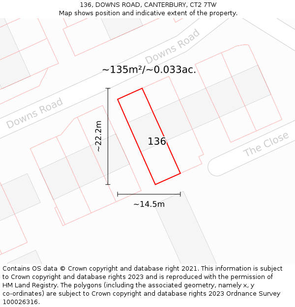 136, DOWNS ROAD, CANTERBURY, CT2 7TW: Plot and title map