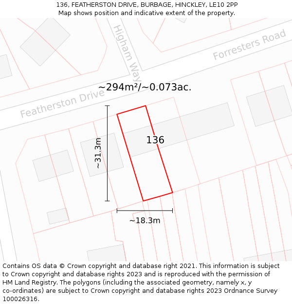136, FEATHERSTON DRIVE, BURBAGE, HINCKLEY, LE10 2PP: Plot and title map