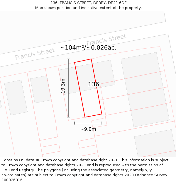 136, FRANCIS STREET, DERBY, DE21 6DE: Plot and title map