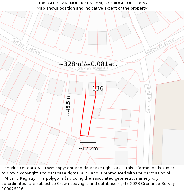 136, GLEBE AVENUE, ICKENHAM, UXBRIDGE, UB10 8PG: Plot and title map