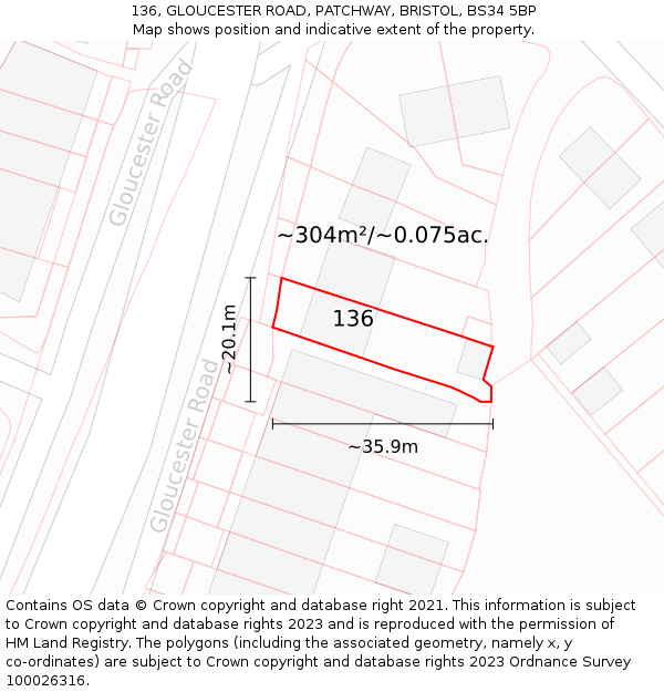 136, GLOUCESTER ROAD, PATCHWAY, BRISTOL, BS34 5BP: Plot and title map