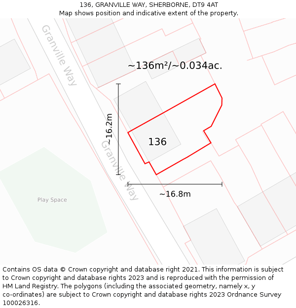 136, GRANVILLE WAY, SHERBORNE, DT9 4AT: Plot and title map
