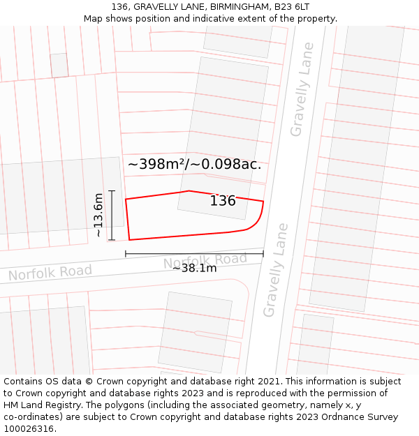 136, GRAVELLY LANE, BIRMINGHAM, B23 6LT: Plot and title map