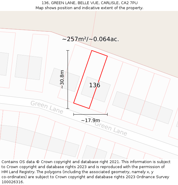 136, GREEN LANE, BELLE VUE, CARLISLE, CA2 7PU: Plot and title map