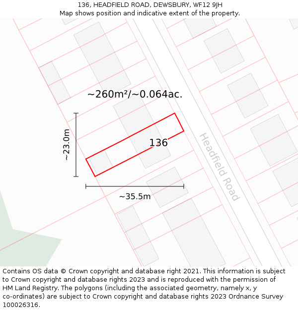 136, HEADFIELD ROAD, DEWSBURY, WF12 9JH: Plot and title map