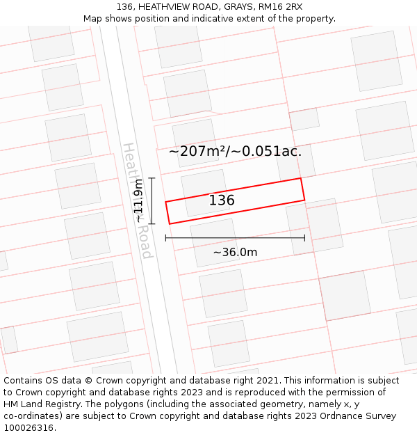 136, HEATHVIEW ROAD, GRAYS, RM16 2RX: Plot and title map