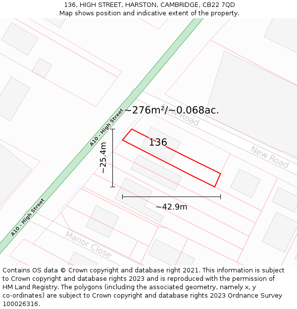 136, HIGH STREET, HARSTON, CAMBRIDGE, CB22 7QD: Plot and title map