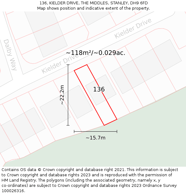136, KIELDER DRIVE, THE MIDDLES, STANLEY, DH9 6FD: Plot and title map