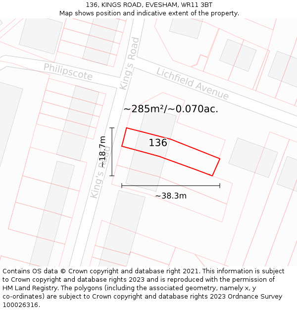 136, KINGS ROAD, EVESHAM, WR11 3BT: Plot and title map