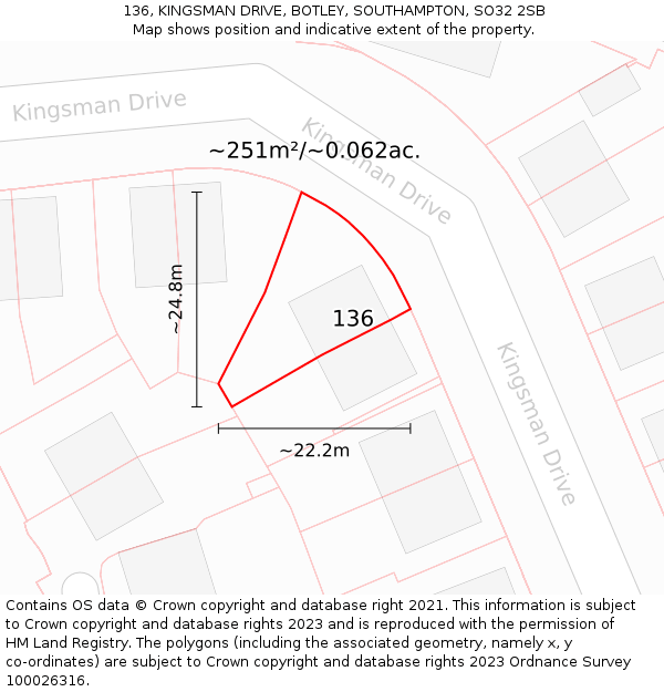 136, KINGSMAN DRIVE, BOTLEY, SOUTHAMPTON, SO32 2SB: Plot and title map