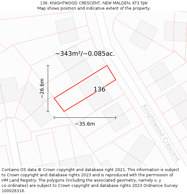136, KNIGHTWOOD CRESCENT, NEW MALDEN, KT3 5JW: Plot and title map