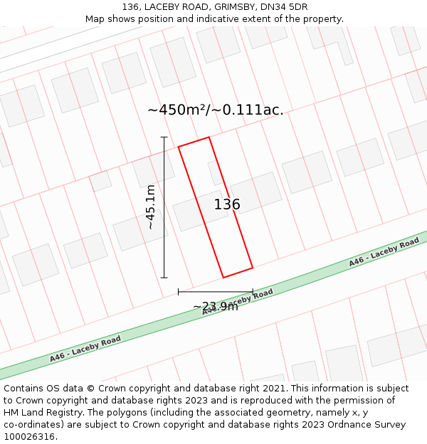 136, LACEBY ROAD, GRIMSBY, DN34 5DR: Plot and title map