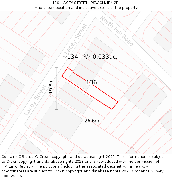 136, LACEY STREET, IPSWICH, IP4 2PL: Plot and title map