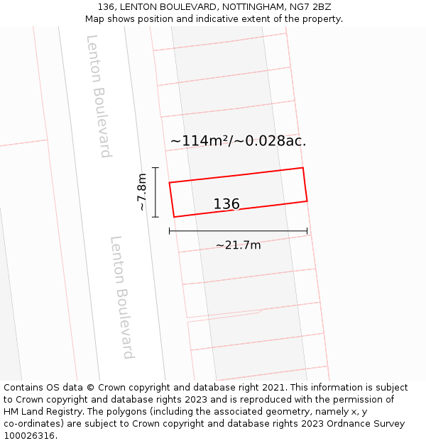 136, LENTON BOULEVARD, NOTTINGHAM, NG7 2BZ: Plot and title map