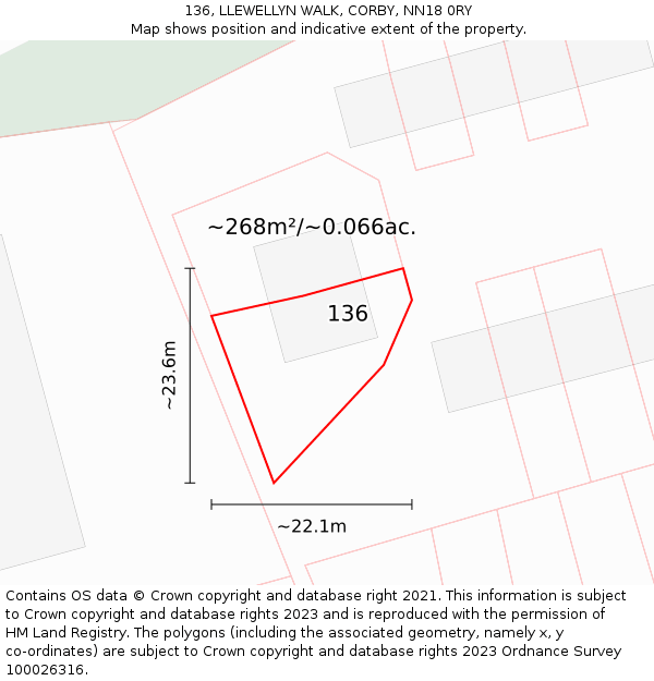 136, LLEWELLYN WALK, CORBY, NN18 0RY: Plot and title map
