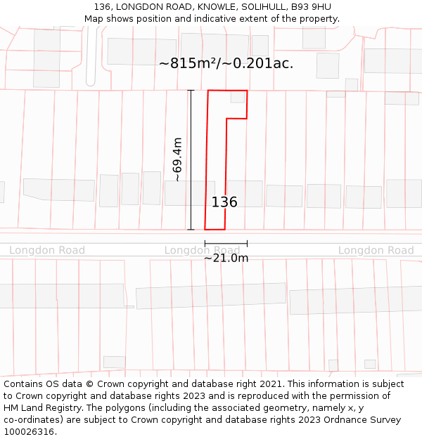 136, LONGDON ROAD, KNOWLE, SOLIHULL, B93 9HU: Plot and title map