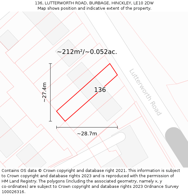 136, LUTTERWORTH ROAD, BURBAGE, HINCKLEY, LE10 2DW: Plot and title map