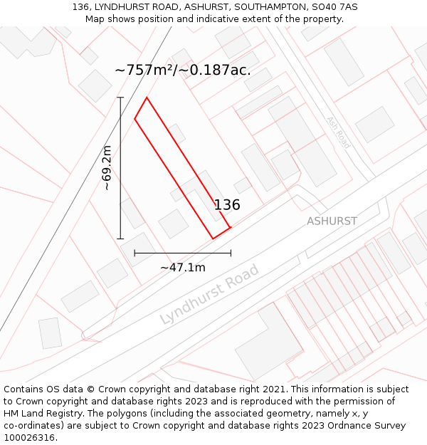 136, LYNDHURST ROAD, ASHURST, SOUTHAMPTON, SO40 7AS: Plot and title map