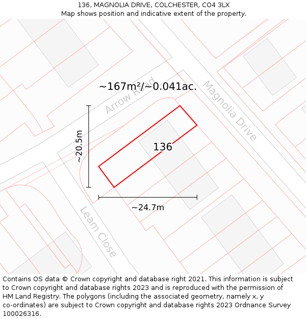 136, MAGNOLIA DRIVE, COLCHESTER, CO4 3LX: Plot and title map
