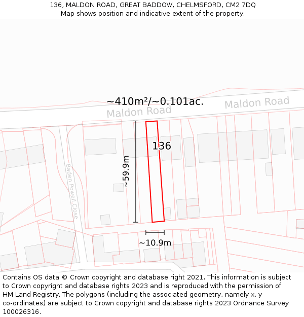 136, MALDON ROAD, GREAT BADDOW, CHELMSFORD, CM2 7DQ: Plot and title map