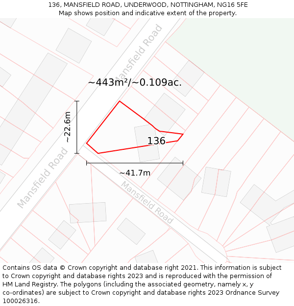 136, MANSFIELD ROAD, UNDERWOOD, NOTTINGHAM, NG16 5FE: Plot and title map