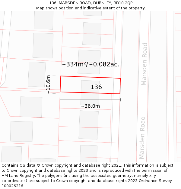 136, MARSDEN ROAD, BURNLEY, BB10 2QP: Plot and title map