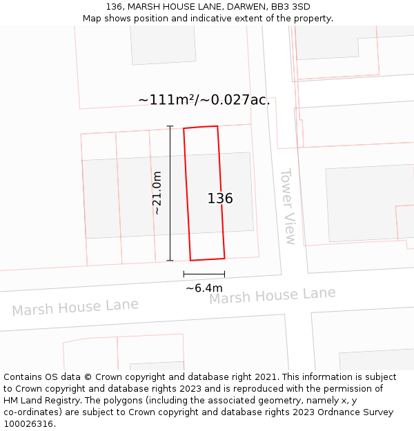 136, MARSH HOUSE LANE, DARWEN, BB3 3SD: Plot and title map
