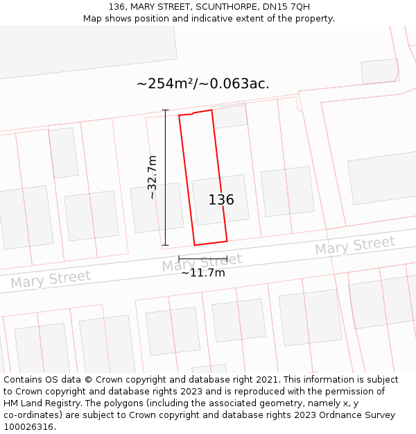 136, MARY STREET, SCUNTHORPE, DN15 7QH: Plot and title map