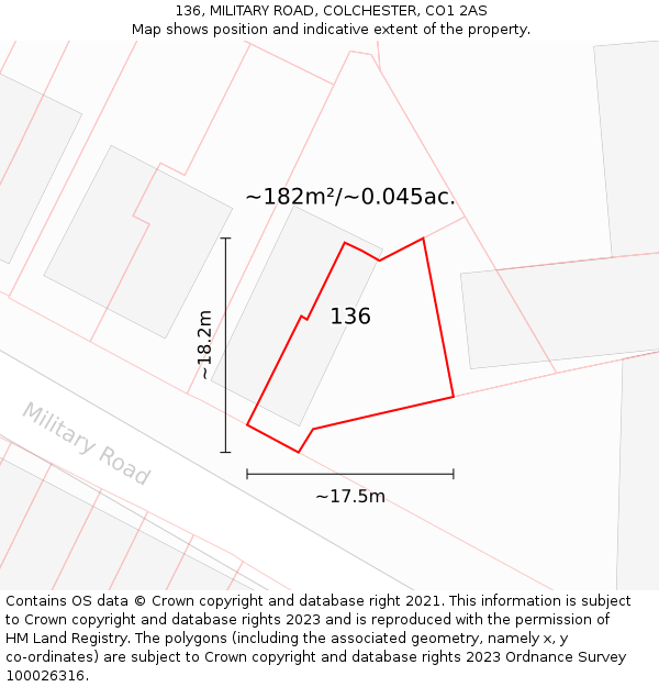 136, MILITARY ROAD, COLCHESTER, CO1 2AS: Plot and title map