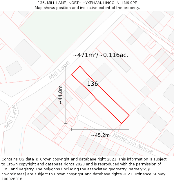 136, MILL LANE, NORTH HYKEHAM, LINCOLN, LN6 9PE: Plot and title map