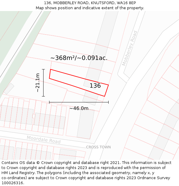 136, MOBBERLEY ROAD, KNUTSFORD, WA16 8EP: Plot and title map