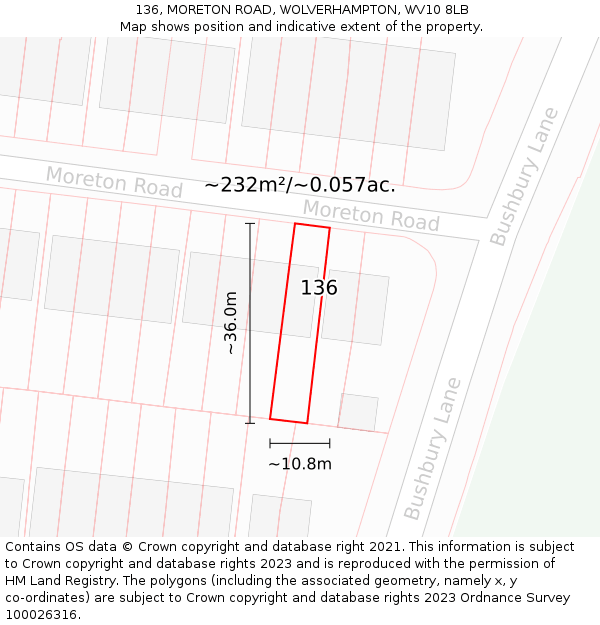 136, MORETON ROAD, WOLVERHAMPTON, WV10 8LB: Plot and title map