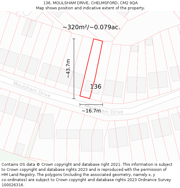 136, MOULSHAM DRIVE, CHELMSFORD, CM2 9QA: Plot and title map