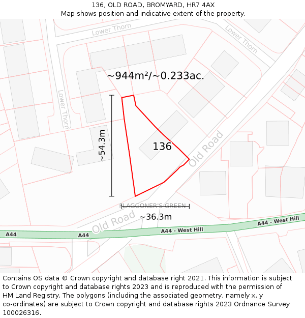 136, OLD ROAD, BROMYARD, HR7 4AX: Plot and title map