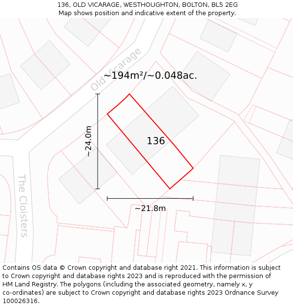 136, OLD VICARAGE, WESTHOUGHTON, BOLTON, BL5 2EG: Plot and title map