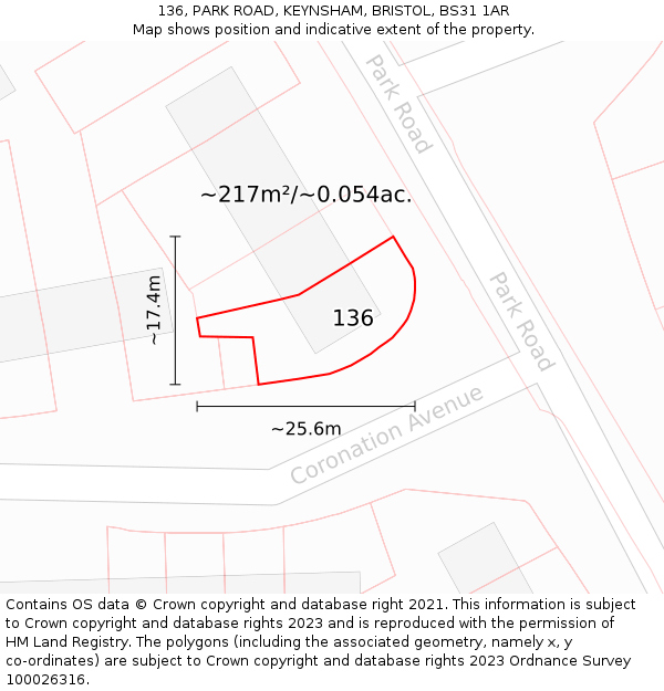 136, PARK ROAD, KEYNSHAM, BRISTOL, BS31 1AR: Plot and title map