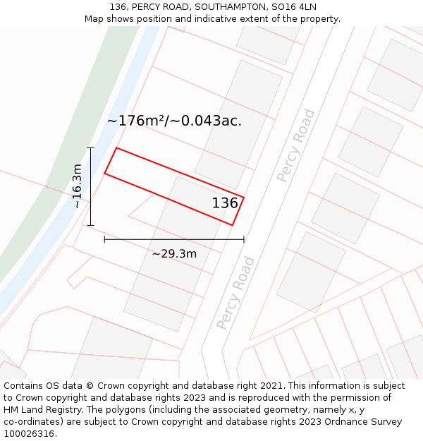 136, PERCY ROAD, SOUTHAMPTON, SO16 4LN: Plot and title map