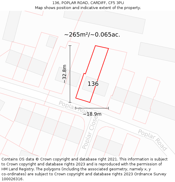 136, POPLAR ROAD, CARDIFF, CF5 3PU: Plot and title map