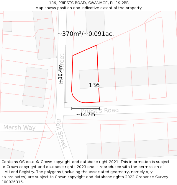 136, PRIESTS ROAD, SWANAGE, BH19 2RR: Plot and title map